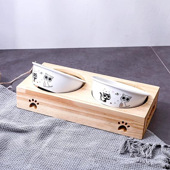Bamboo Bowl Holder & Ceramic/Stainless Steel Double Bowl