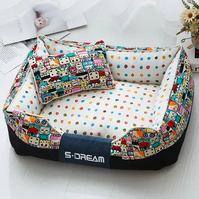 Cartoon Pattern Square Pet Bed with Cushion