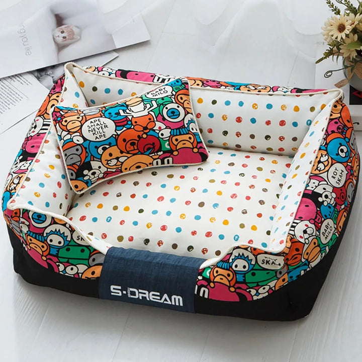 Cartoon Pattern Square Pet Bed with Cushion