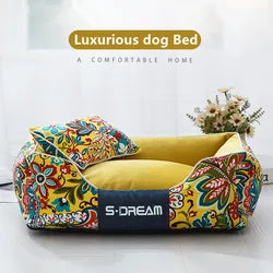 Leaf Pattern Square Pet Bed with Cushion