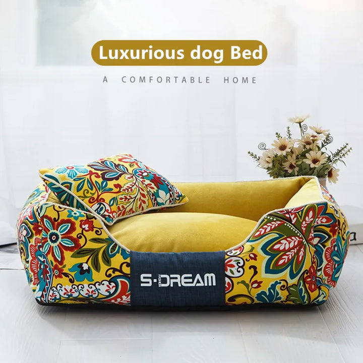 Leaf Pattern Square Pet Bed with Cushion