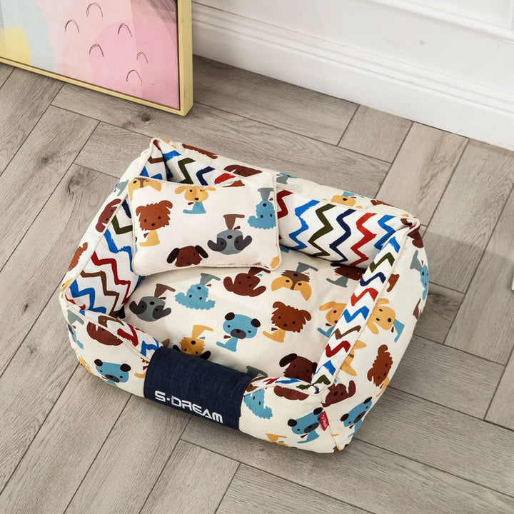 Zigzag Dog Pattern Square Pet Bed with Cushion