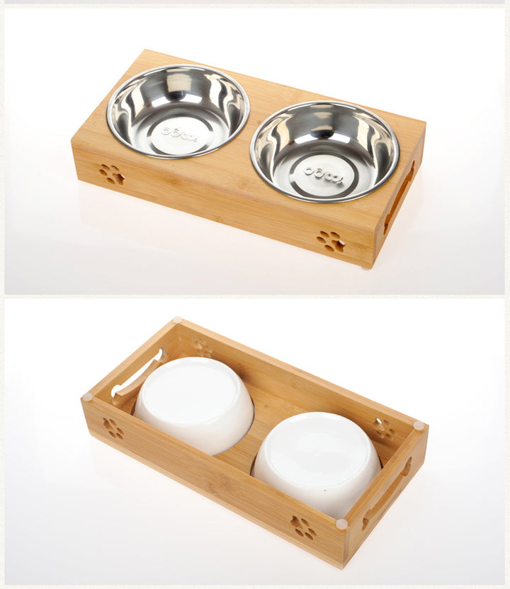 Bamboo Bowl Holder & Ceramic/Stainless Steel Double Bowl