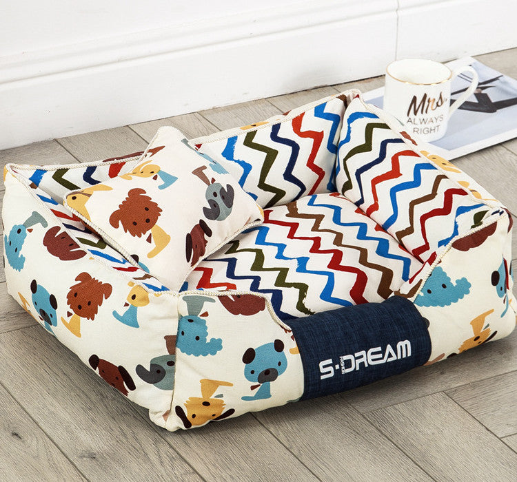 Zigzag Dog Pattern Square Pet Bed with Cushion